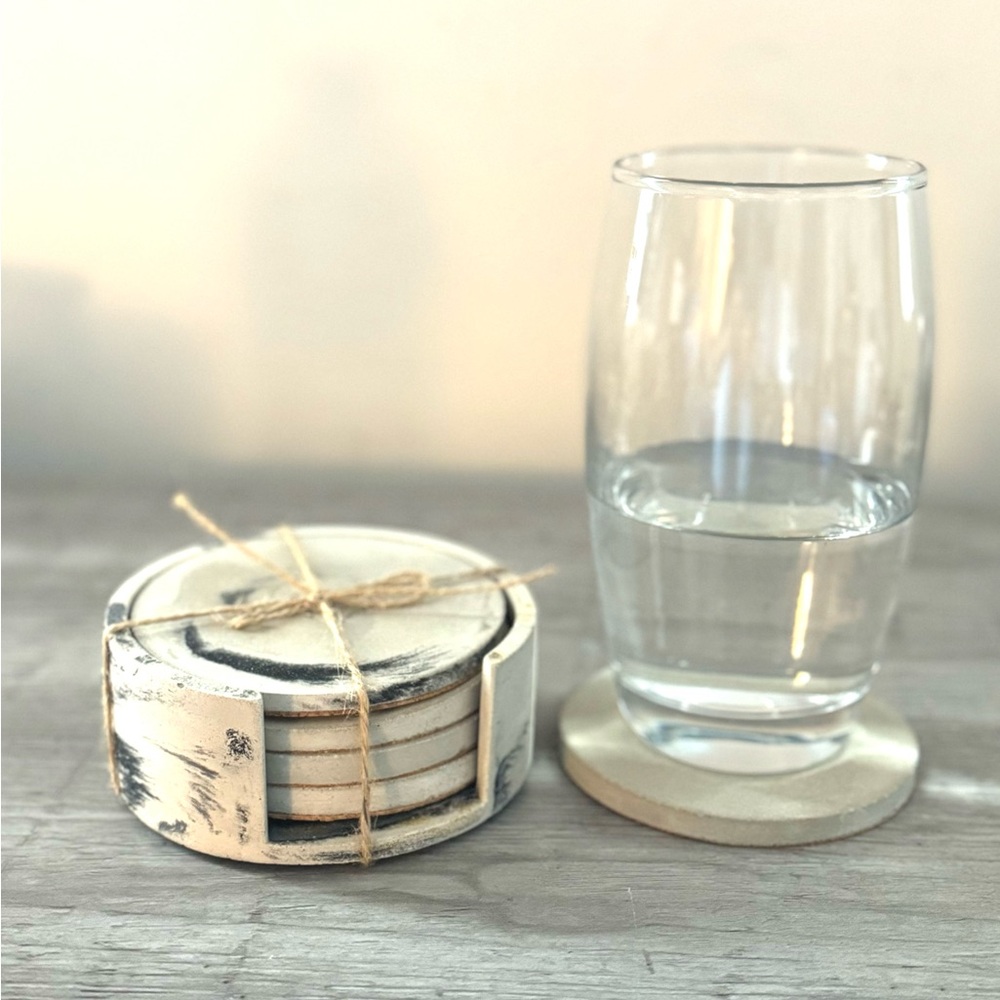 Handmade Marbled Concrete Coasters Set of 4 with holder– Waterproof, Cork-Backed
